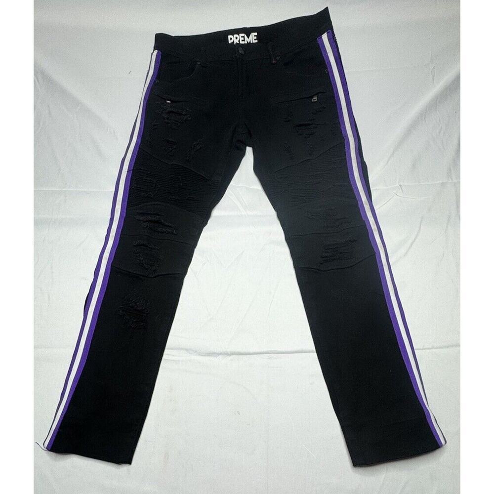 Preme Men's Black Moto Jeans w/Purple Side Stripe - Size 34x32